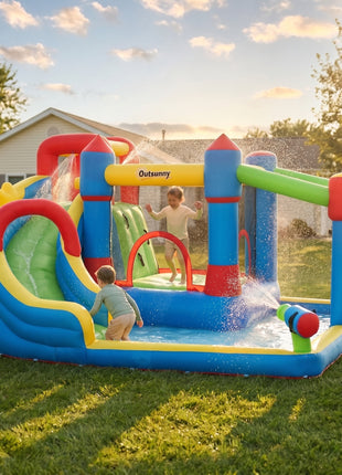 6-in-1 Inflatable Water Slide with Splash Pool, Slide, Climbing Wall, Water Cannon, Inflatable Bounce House for Kids with 2 Min. Inflation
