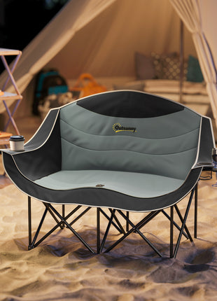 Padded Folding Camp Chair for Adults, Double Camping Chair with Armrests, Cup Holders, Carry Bag for Outdoor, Black