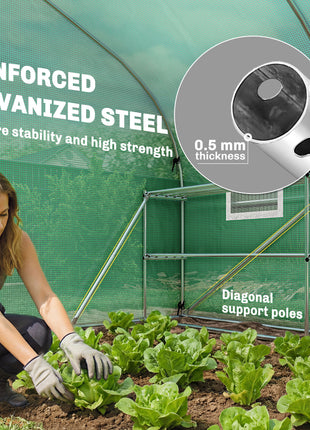 10'x11'x6' Walk-in Tunnel Greenhouse with Shelves, Mesh Door and Windows, Plant Hot House with PE Cover, Green