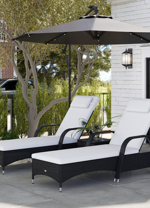 Wicker Outdoor Chaise Lounge Chair Set of 3 with Side Table, 5-Level Adjustable Backrest PE Rattan Pool Lounge Chair with Wheels, Cushion & Headrest, Black and Cream White