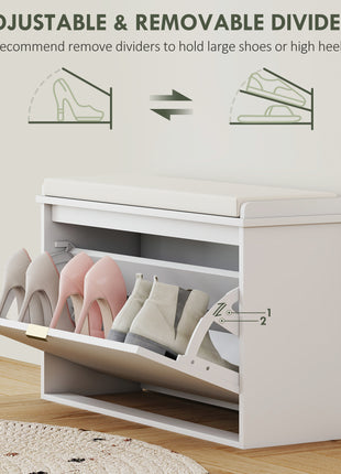 Shoe Storage Bench with Padded Seat Cushion and Flip-Drawer, Entryway Bench, Shoe Cabinet, 31.5x10.2x18.7 Inches, White