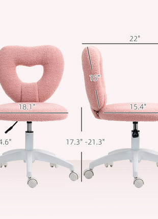 Armless Computer Desk Chair, Office Task Chair, Teddy Fleece Heart Makeup Vanity Chair with Swivel Wheels, Pink
