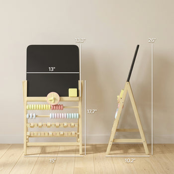 Wooden Kids Art Easel with Double-Sided Chalkboard, Clock, Abacus, Blackboard Eraser for Painting, for Ages 2+, Natural
