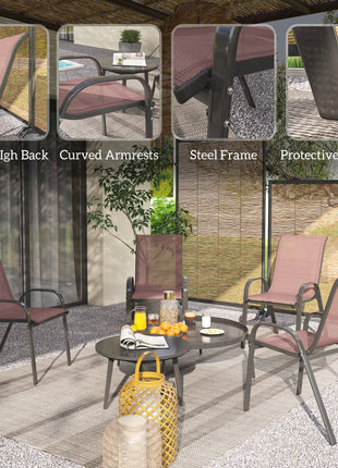 Set of 4 Outdoor Dining Chairs, Stackable Patio Chairs with High Back, Breathable Mesh Seat for Garden Lawn, Brown