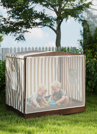 Kids Wooden Sandbox with Canopy Fully Covered, 2 Bench Seats, Bottom Liner, 56" x 40" x 52", Brown