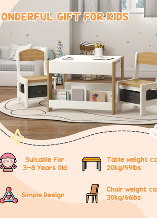 3pc Kids Table and Chair Set with Reversible Tabletop Blackboard, Storage & Bookshelves, Natural