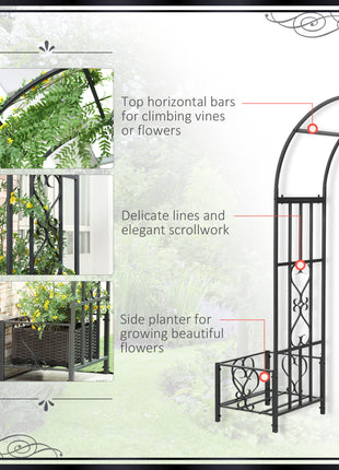 6.7' Steel Garden Arch Arbor with Scrollwork Hearts, Planter Boxes for Climbing Vines, Ceremony, Weddings, Party, Backyard, Lawn, Dark Gray
