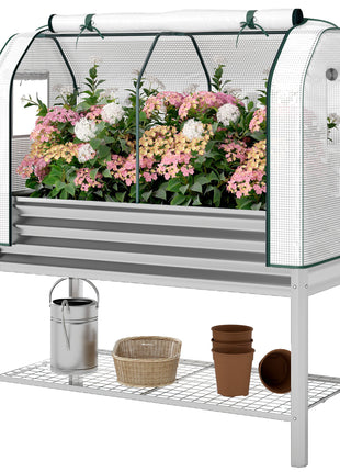 Galvanised Raised Garden Bed with Greenhouse Cover, Metal Elevated Garden Bed with Bed Liner, Bottom Shelf, Silver
