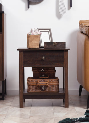 End Table with Drawer, Side Table with Top and Bottom Shelf for Small Spaces, Dark Brown