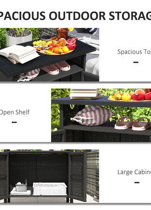 Outdoor Pool Towel Storage Cabinet Organizer, Outdoor Bar Table with Shelf and Cabinet, Pool Towel Holder Pool Valet with Weather-Resistant PE Rattan and Steel Frame, Espresso