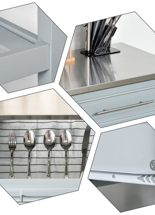 Kitchen Island with Stainless Steel Top, Traditional Kitchen Island with Storage, Butcher Block Cart 2-Tier Open Shelves, Drawers, Light Gray