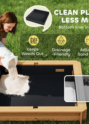 Wooden Kids Sandbox with Cover, Children Outdoor Sand Box with Foldable Bench Seats and Adjustable Canopy