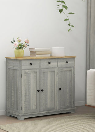 Kitchen Storage Cabinet, Sideboard Floor Cupboard with Solid Wood Top, Adjustable Shelf, and 3 Drawers, Light Gray
