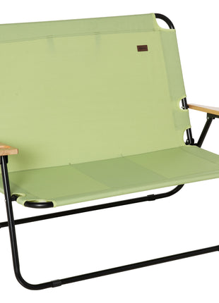 Double Folding Camping Chair, Loveseat for 2 Adults, Portable Camping Couch with Wood Armrest & Cupholders, for Backpacking, Beach, Sports Travel, Green
