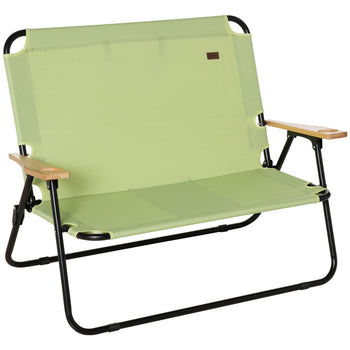 Double Folding Camping Chair, Loveseat for 2 Adults, Portable Camping Couch with Wood Armrest & Cupholders, for Backpacking, Beach, Sports Travel, Green