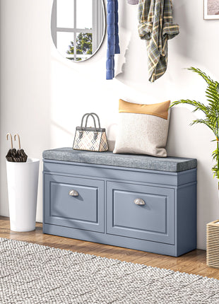 Modern Shoe Storage Bench, Entry Way Bench with Cushion, 2 Drawers, Storage Ottoman Bench, Holds 8 Pairs, Gray