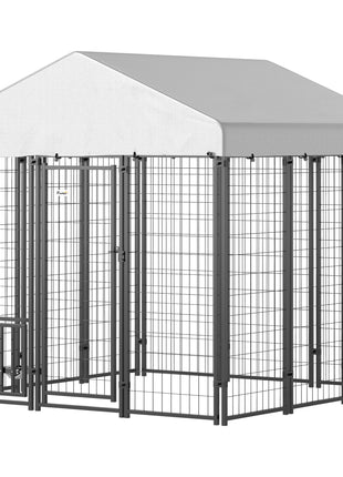 5.9' x 5.9' x 6' Outdoor Dog Kennel with Roof, Rotating & 4-Level Adjustable Bowls