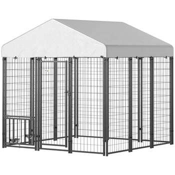 5.9' x 5.9' x 6' Outdoor Dog Kennel with Roof, Rotating & 4-Level Adjustable Bowls