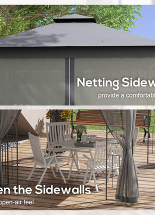 10' x 11.5' Metal Patio Gazebo, Double Roof Outdoor Gazebo Canopy Shelter w/Tree Motifs Corner Frame and Netting, Gray