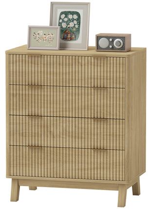 4 Drawer Double Dresser for Bedroom, Fluted Chest of Drawers with Gold Finger Pulls and 4 Wood Legs, Natural Wood