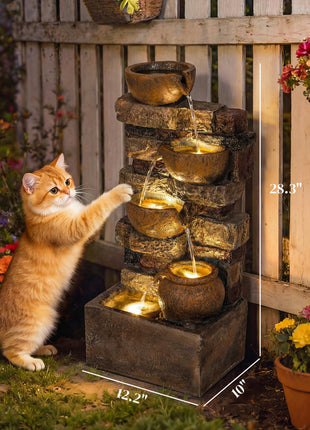 28" Outdoor Fountain with 5-Tier Rustic Jugs, Cascading Waterfall with LED Lights, Adjustable Flow, Rustic Brown