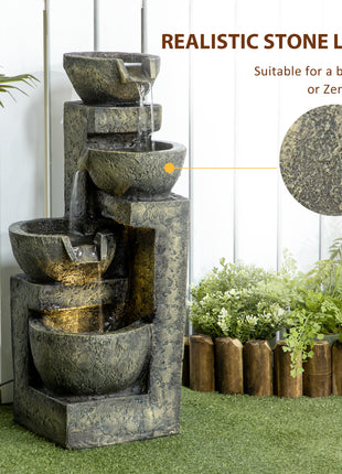 Small Outdoor Fountain with 4-Tier Stone Bowls, Adjustable Waterfall Flow & LED Lights, Perfect for Patio & Zen Garden, Gray