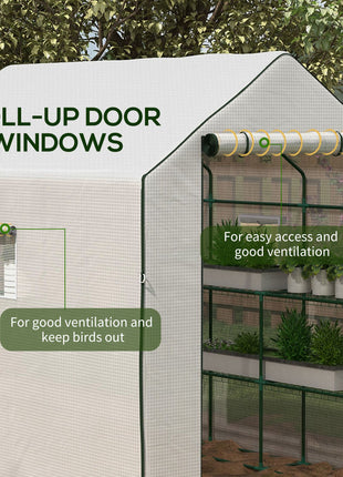 Portable Greenhouse, Water/UV Resistant Walk-In Small Outdoor Green House with 2 Tier Flower Rack Shelves, White