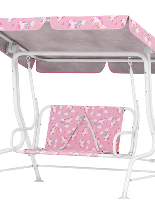 Kids Porch Swing, 2-Seater Patio Swing Bench with Safety Belts, Adjustable Canopy for Backyard, Garden, Pink