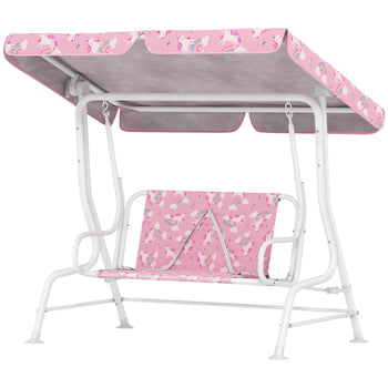 Kids Porch Swing, 2-Seater Patio Swing Bench with Safety Belts, Adjustable Canopy for Backyard, Garden, Pink