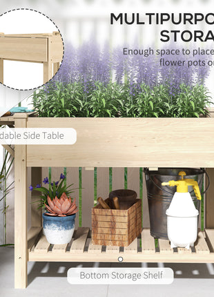 Wood Raised Garden Box, Elevated Garden Bed with Side Table, Bottom Shelf, Bed Liners and Drainage Holes, Natural