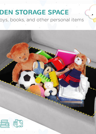 Ergonomic Foam Kids Sofa with Inner Toy Storage Chest, Velvet Kids Couch with Soft Arms, Children's Lounge Furniture, 33" x 16.25" x 19", Gray