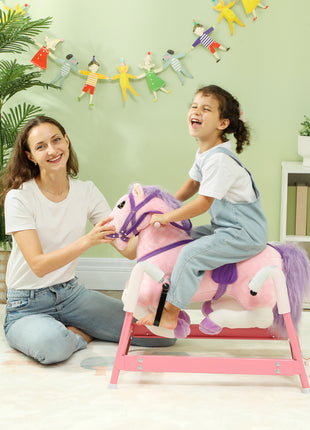 Spring Rocking Horse, Kids Ride on Horse, Plush Horse Ride-on w/ Sounds & Foot Stirrups for Kids 3-8 Years, Pink