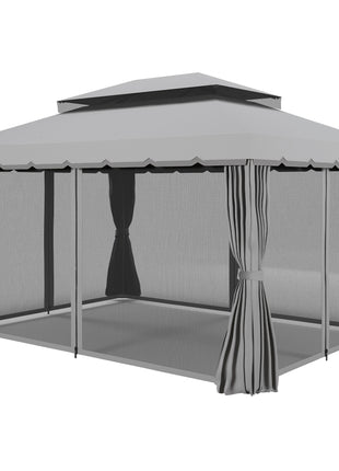 10' x 13' Patio Gazebo w/ Aluminum Frame Double Roof, Outdoor Gazebo Canopy Shelter with Netting & Curtains, Gray