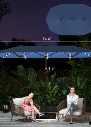 Garden Parasol 14.4ft Double-Sided Sun Umbrella with Base, Patio Parasol with LED Solar Lights, Navy Blue
