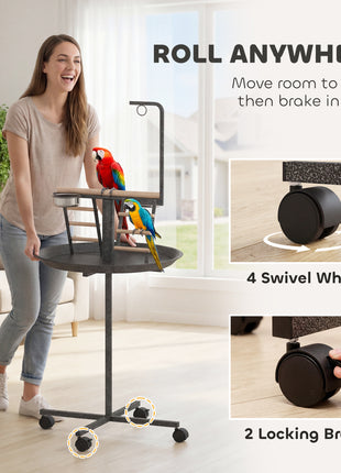 Bird Stand with Wheels Parrot Play Stand with Round Tray Stainless Steel Feed Bowls Indoor Outdoor Dark Gray