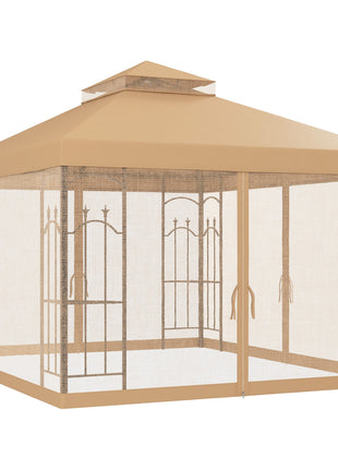 10' x 12' Patio Gazebo with Corner Frame Shelves, Double Roof Outdoor Gazebo Canopy Shelter with Netting, Brown