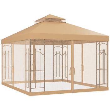 10' x 12' Patio Gazebo with Corner Frame Shelves, Double Roof Outdoor Gazebo Canopy Shelter with Netting, Brown