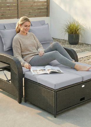 Patio Rattan Daybed, Wicker Outdoor Daybed with Storage Ottoman, Loveseat w/ Adjustable Backrest, Gray