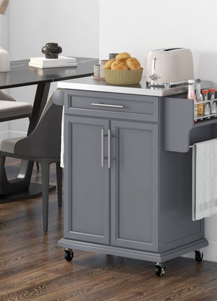 Kitchen Island on Wheels, Rolling Kitchen Cart with Stainless Steel Countertop, Drawer, Towel Rack and Spice Rack, Utility Storage Trolley, Gray
