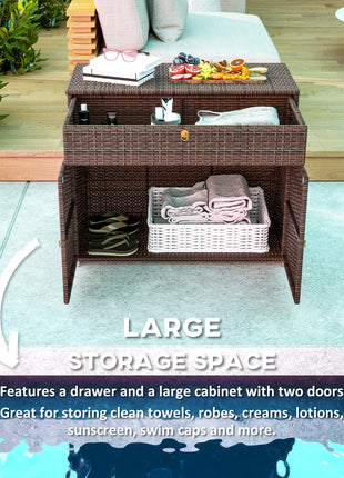 Outdoor Storage Cabinet, Waterproof PE Rattan Cabinet with Drawer for Indoor, Outdoor Swimming Pool, Mixed Brown
