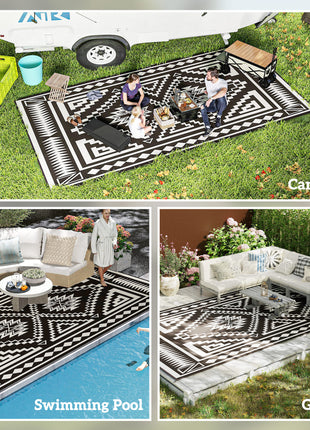 Reversible Outdoor Rug, Waterproof Plastic Straw with Carry Bag, 9' x 18', Black & White Square Patchwork
