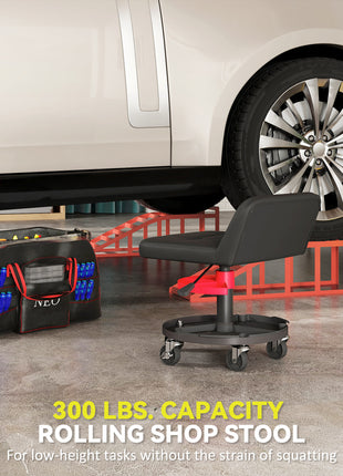 Rolling Creeper Garage Stool, 300 LBS Capacity Mechanic Stool with 360° Wheels, Tool Tray, Adjustable Height, Black
