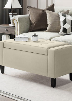 36" Ottoman with Storage, Storage Ottoman Bench with Lift Top and Rubberwood Legs, Linen Upholstered Entryway Seat with for Living Room, Bedroom, Holds up to 330 lb, Beige