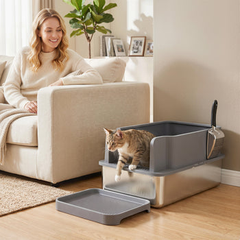 Stainless Steel Sifting Litter Box for Pine Pellets, Large Metal Litter Box with Sifter Tray, Metal Scoop, 10 Pee Pads