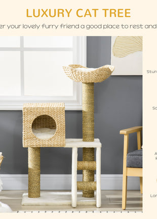 Cattail Weave Cat Tree for Indoor Cats Kitty Tower with Rattan Cat Condo, Wicker Bed, Ladder, Washable Cushions, 22.5" x 14.5" x 39.5", Natural