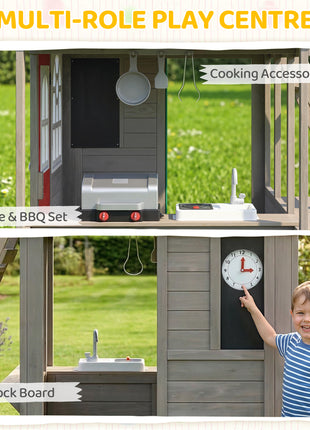 Two-Story Outdoor Playhouse, Wooden Kids Playhouse with Slide, Bench, BBQ Play Kitchen, Ladder, Lookout Platform, Clock