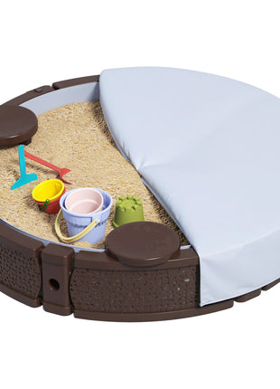 47" Round Kids Sandbox with Cover, 3 Seats, Waterproof Bottom Liner, for Backyard, Lawn, Garden, Beach, Patio, Brown