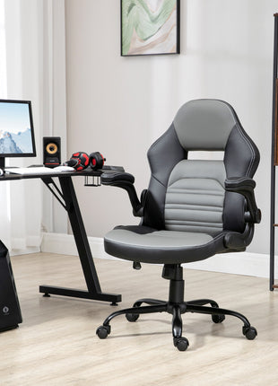 PU Leather Gaming Chair with Flip-up Armrests, Racing Style Computer Chair, Height Adjustable Home Office Chair with Swivel Wheels and Tilt Function, Gray
