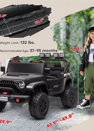 Ride on Truck Car with 2-Seater, 24V Electric Car with 4 Motors, Remote Control, Spring Suspension for 3-8 Years, Black