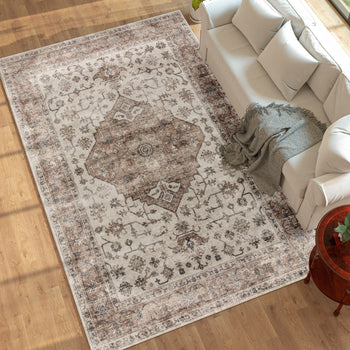 8x10 Area Rug, Vintage Machine Washable Rug, Non-Slip Floor Carpet for Living Room, Bedroom, Dining Room, Tan
